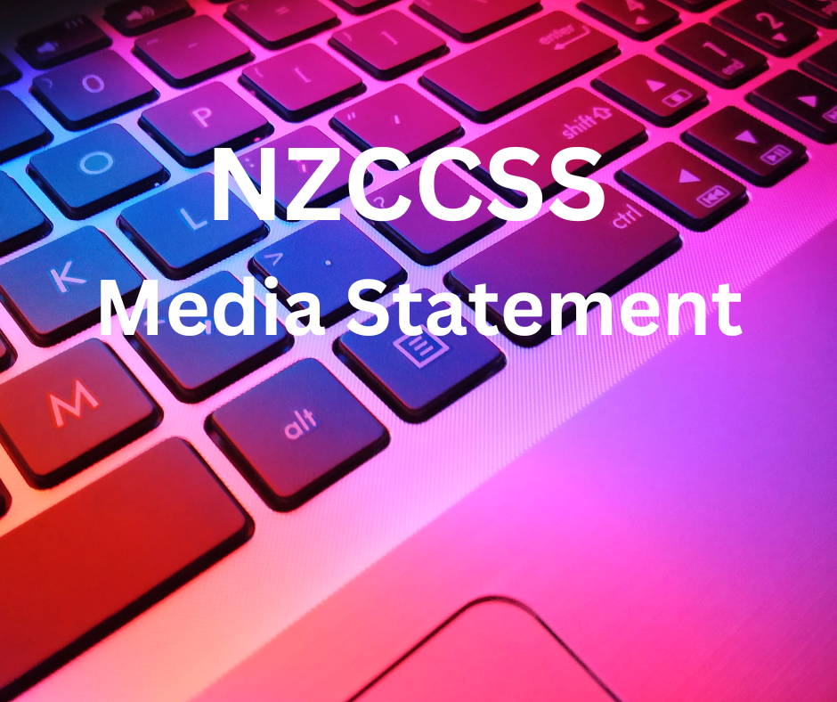 This image is of a computer keyboard with the title superimposed over the top: NZCCSS Media Statement